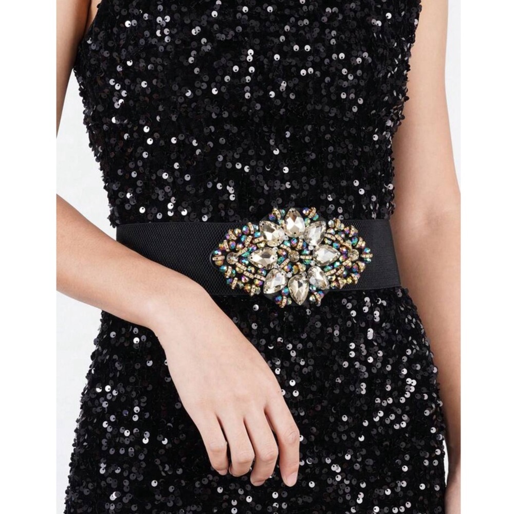 Crystal Jeweled Black Waist Belt